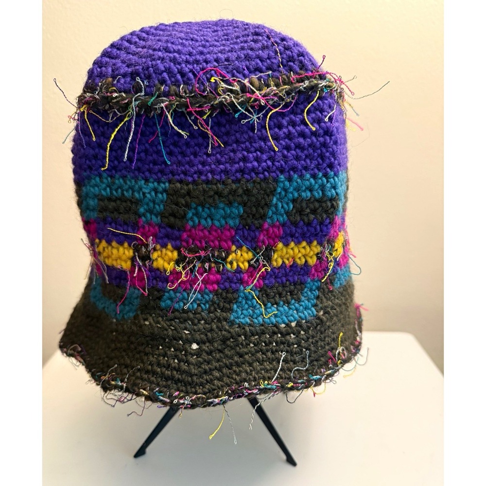 Vintage Handmade Geometric Bucket Hat w/ Fringe, Purple Multi-Color Boho OS